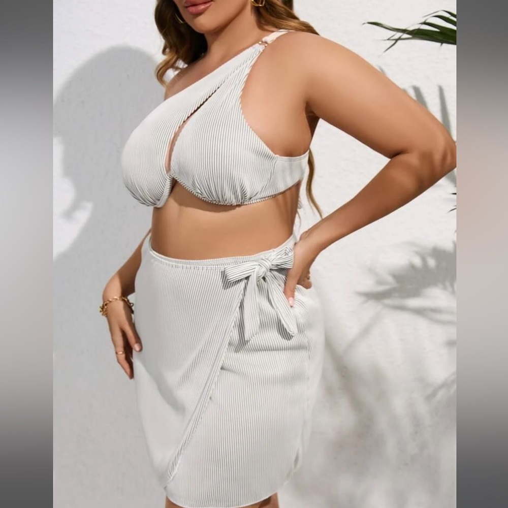 Plus 3pcs One Shoulder Underwire Bikini Swimsuit With Skirt
